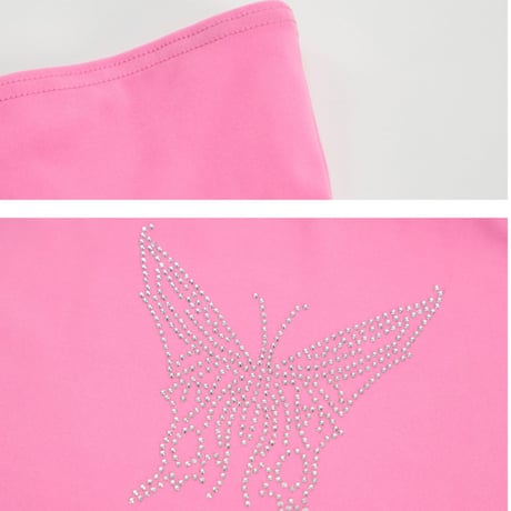 2色 Black & Pink ラインストーン Butterfly Top