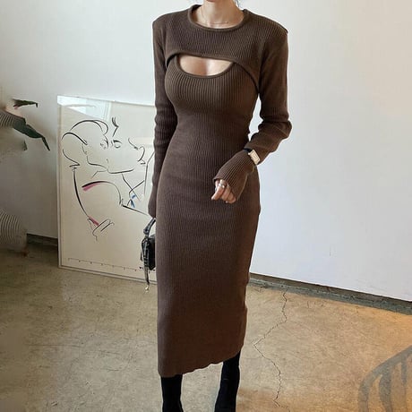 2色 Knit カッティング Long Dress One-piece
