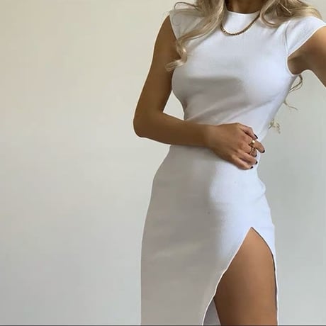 3色 Side Slit One-Piece Dress