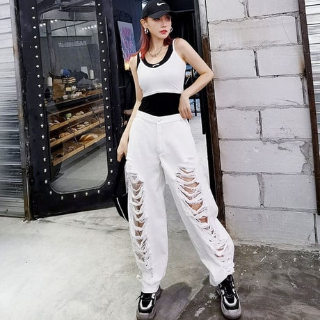 Damaged cut out White Denim Pants