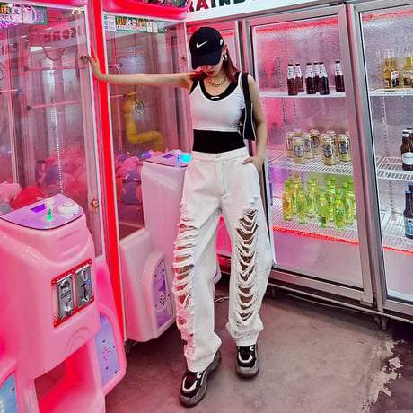 Damaged cut out White Denim Pants
