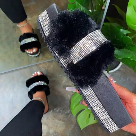 3色 Faux fur Line stone Slide  のコピー