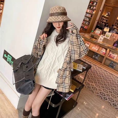 3色 Patch work Plaid x Knit Top