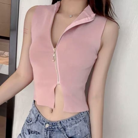 4色 アシンメトリー Zipper Top