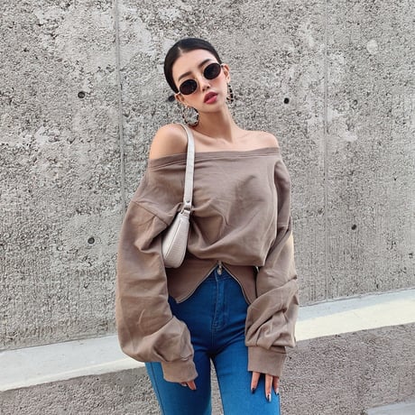4色 Zipper Off-Shoulder Top