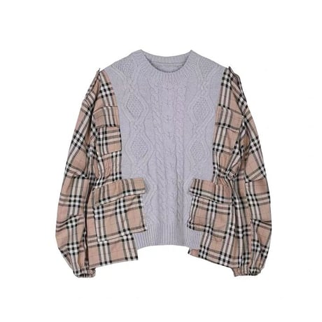 3色 Patch work Plaid x Knit Top