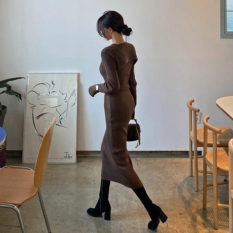 2色 Knit カッティング Long Dress One-piece