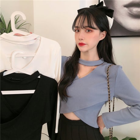 3色 チョーカーネック リブニット Top
