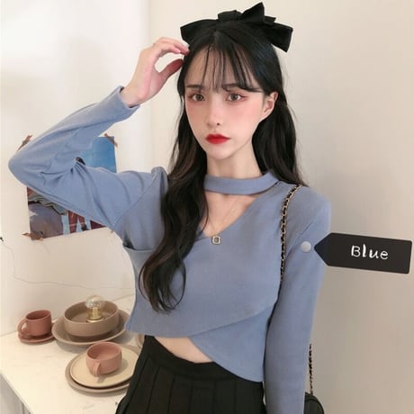 3色 チョーカーネック リブニット Top