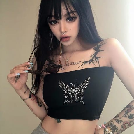2色 Black & Pink ラインストーン Butterfly Top