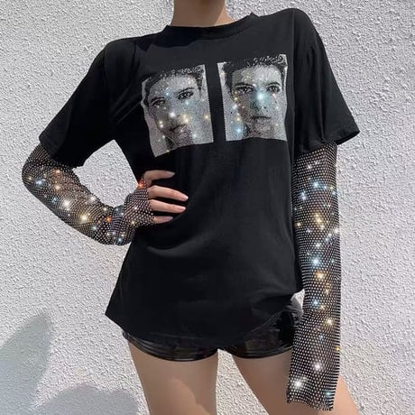 Stylish キラキラ Sleeve  グラフィック Top
