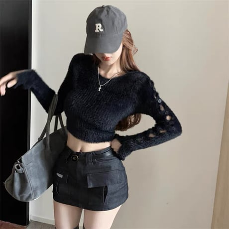 3色 サイドカットアウト ニット Top