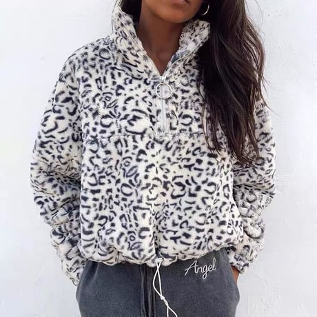 2色 ハーフジップ Leopard Fleece Top