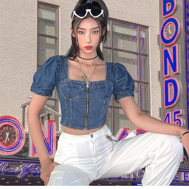 トップス GANNI/Tint Edge Denim Puff Sleeve Top GANNI J1207 Puff Sleeve Top Tint Edge Denim, Tint Wash