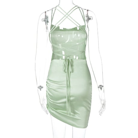 4色 サテン バックレースアップ Dress
