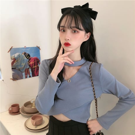 3色 チョーカーネック リブニット Top