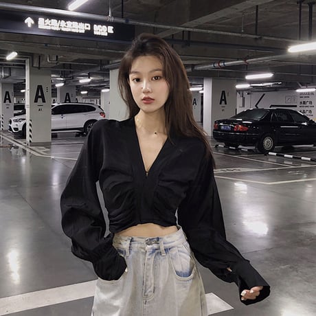 3色 V neck Balloon Sleeve Top