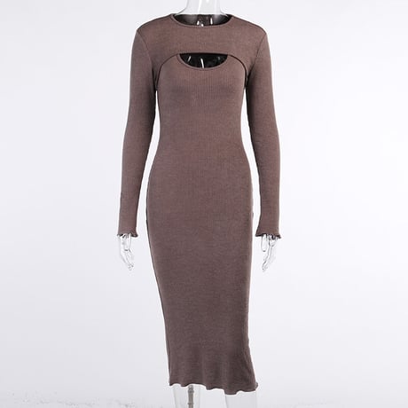 2色 Knit カッティング Long Dress One-piece