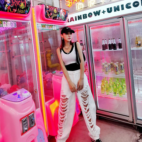 Damaged cut out White Denim Pants