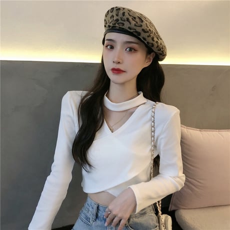 3色 チョーカーネック リブニット Top