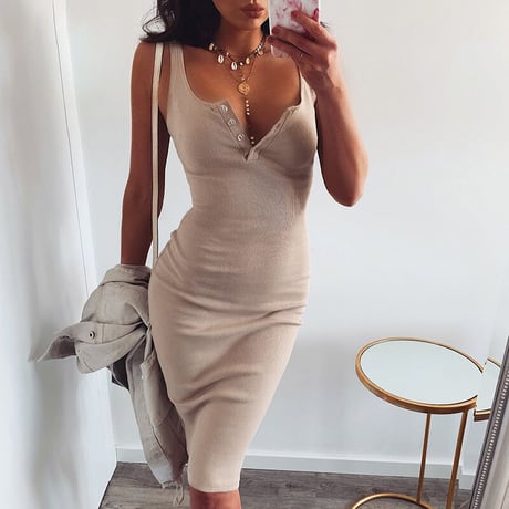 4色 Deep V Dress One-piece