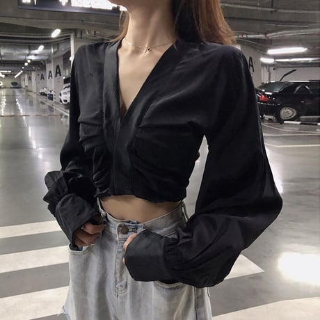 3色 V neck Balloon Sleeve Top