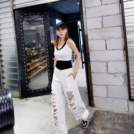 Damaged cut out White Denim Pants