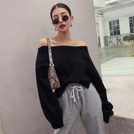 4色 Zipper Off-Shoulder Top