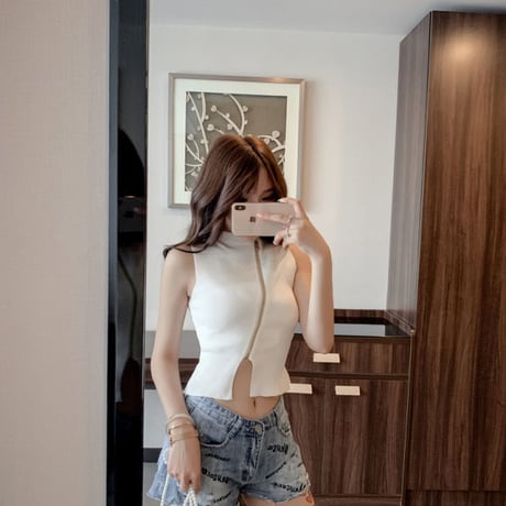 4色 アシンメトリー Zipper Top