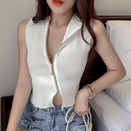 4色 アシンメトリー Zipper Top
