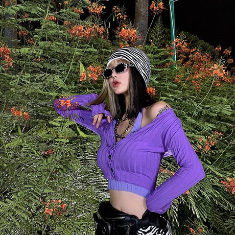 Purple リブニット カーディガン