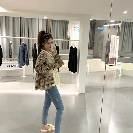 3色 Patch work Plaid x Knit Top