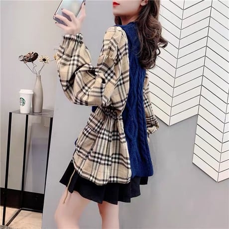 3色 Patch work Plaid x Knit Top