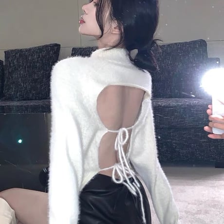 2色 背中開きニット Black White