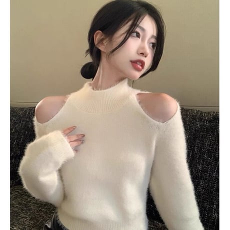 2色 背中開きニット Black White