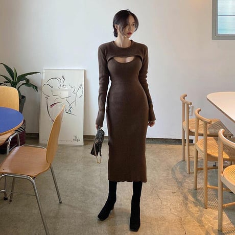 2色 Knit カッティング Long Dress One-piece