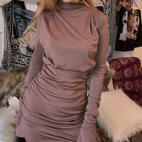 4色 ハイネック ギャザー Dress One-Piece