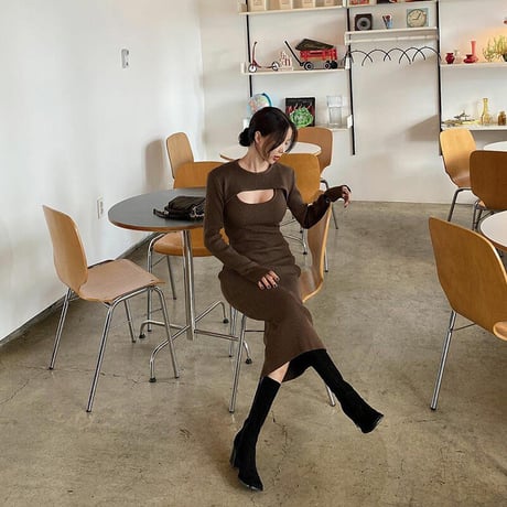 2色 Knit カッティング Long Dress One-piece