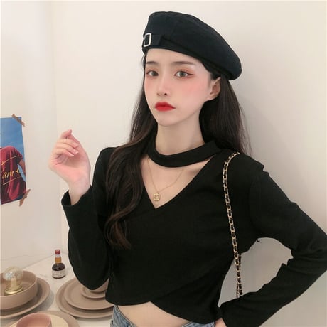 3色 チョーカーネック リブニット Top