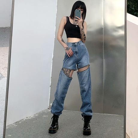 Zipper cut out Denim Pants