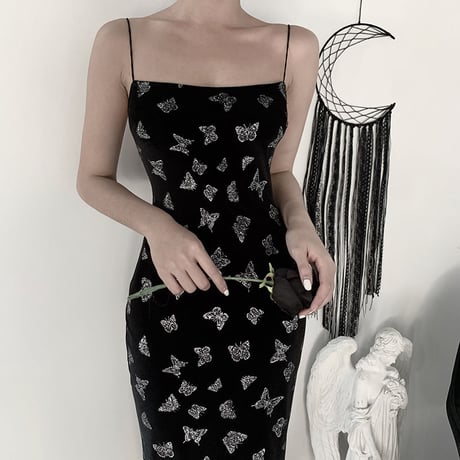 Dark Butterfly Side Slit ロング ドレス