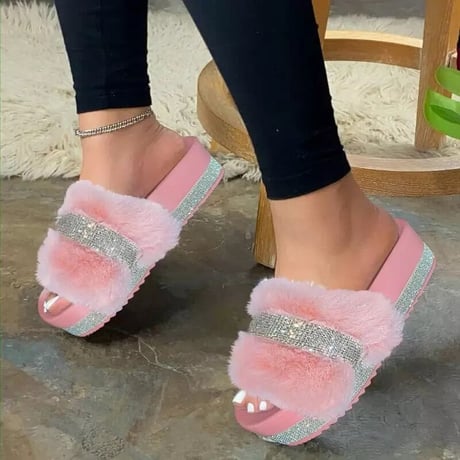 3色 Faux fur Line stone Slide  のコピー