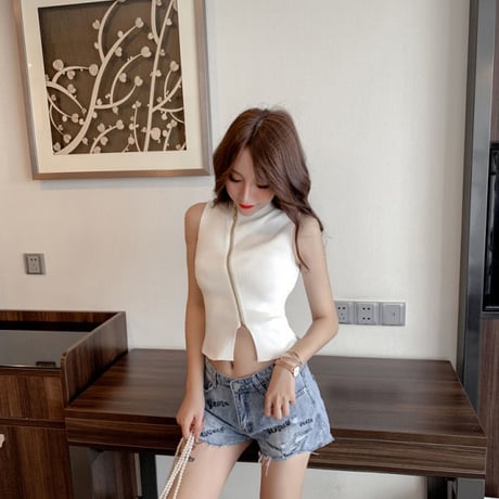 4色 アシンメトリー Zipper Top