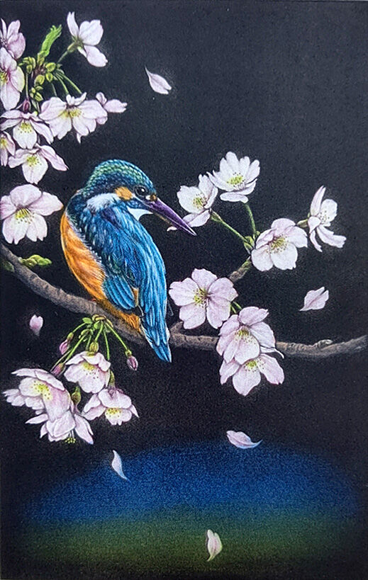 生田宏司「秋桜咲く」銅版画 カラーメゾチントに手彩色 額装 コスモス 秋