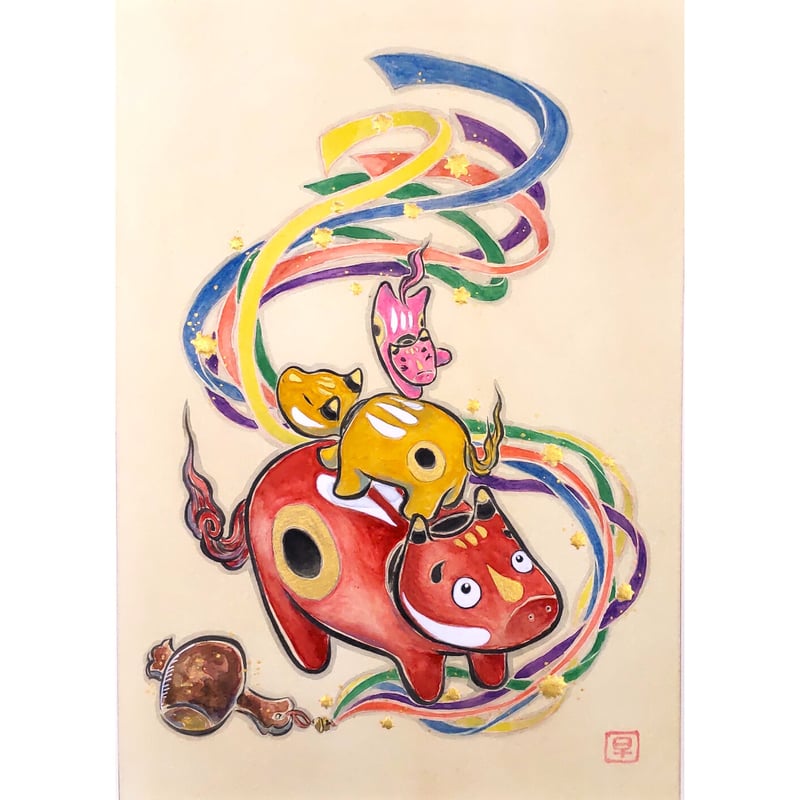 棟方志功『花見寅図』倭絵(肉筆着彩,色紙) 鯉雨印あり ≪模写出品