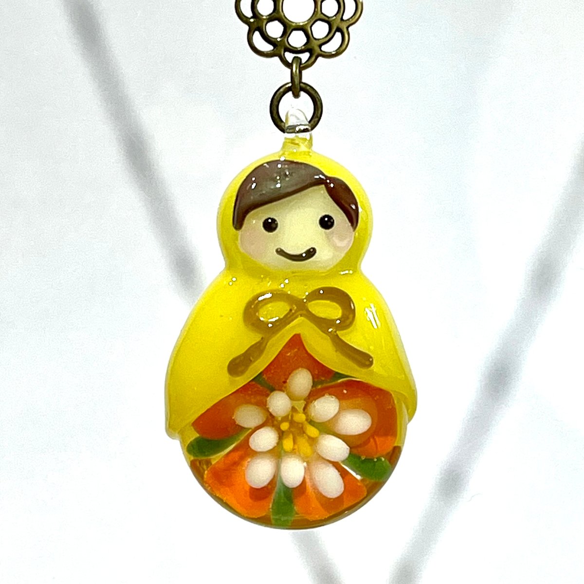 現品】マトリョーシカネックレス(黄色／オレンジの花) ② | ぐり工房