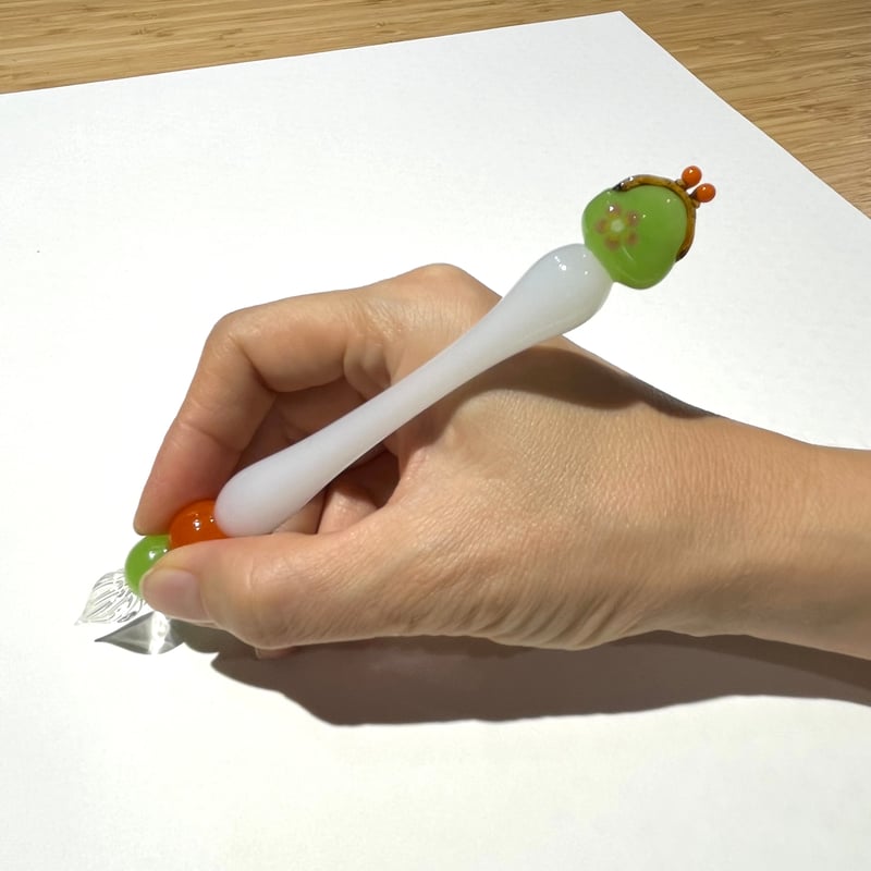 がま口ガラスペン(黄緑にピンクの花) | ぐり工房 Online Shop