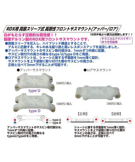 RDX用 真鍮スリーブ式 高剛性フロントサスマウント(アッパー/ロア)