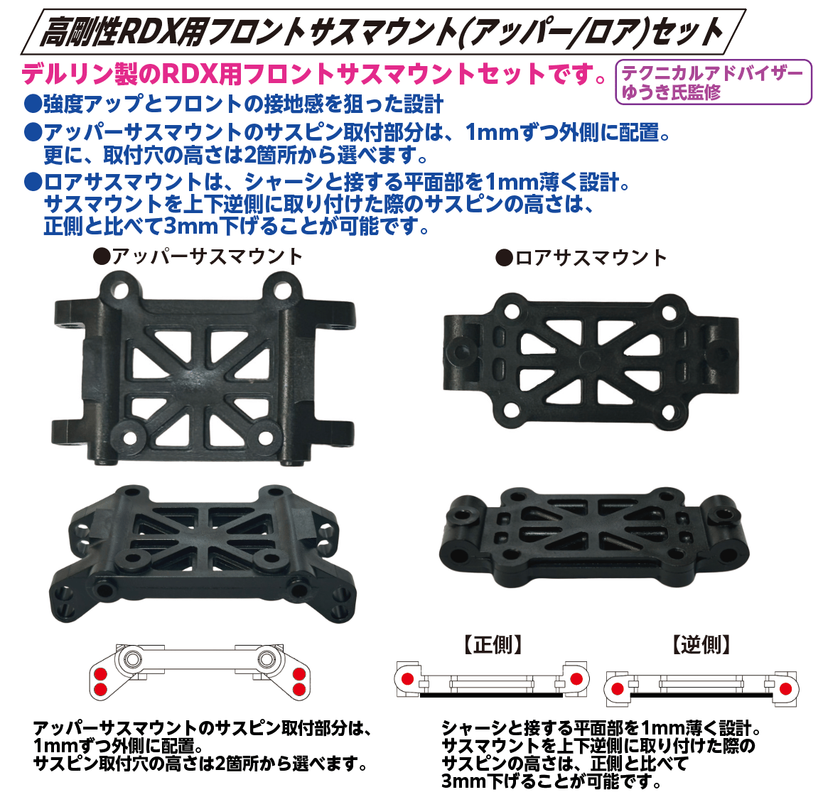 TP-646】高剛性RDX用フロントサスマウント(アッパー/ロア)セット | TOPLINE