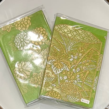 【３日間限定A5クリアファイルとシール付き】舞妓さんの衣装で作った世界にたった一つの御朱印帳（黄緑の織帯１ー２/限定２）送料込み、ほつれ防止カバー付き